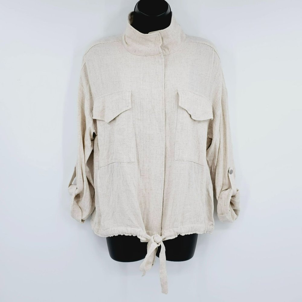 Staccato Moto Utility Jacket M Viscose Linen Zip Snap Roll Tab Sleeve Oatmeal